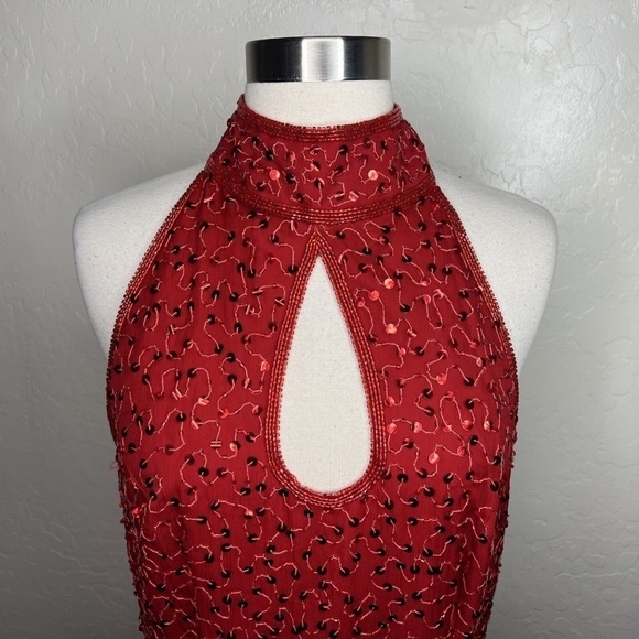 Scala Vintage 80s Red Beaded Sequin Slit Evening Dress Gown L - Picture 5 of 9